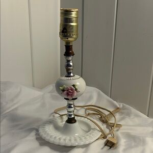 Vintage boudoir lamp white milk glass hobnail pink purple flower MCM 1950s